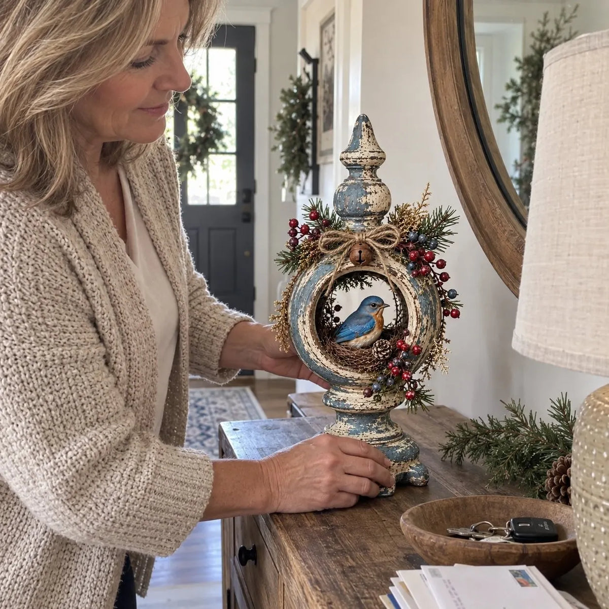 ⏳ Last Day 49% OFF – 🐦 Vintage Christmas Bird Nest Decor | 7 Winter Bird Styles with Rustic Pedestal, Greenery & Bell Details 🎄
