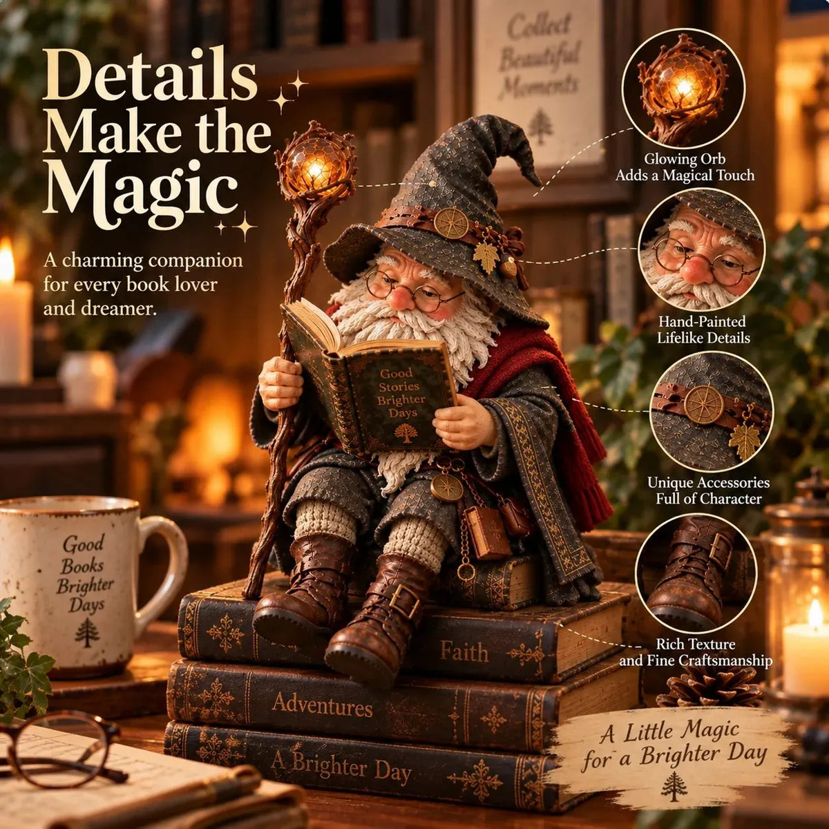 🔥LAST DAY 49% OFF-🧙‍♂️ The Wandering Scholar Gnome – Enchanted Reading Wizard Figurine