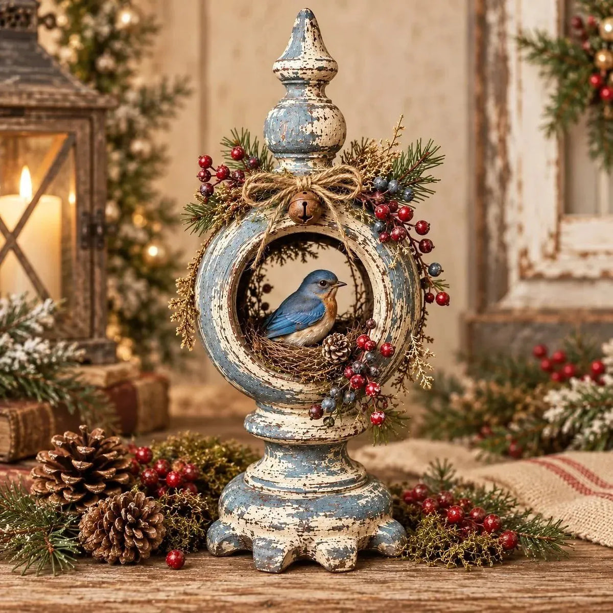 ⏳ Last Day 49% OFF – 🐦 Vintage Christmas Bird Nest Decor | 7 Winter Bird Styles with Rustic Pedestal, Greenery & Bell Details 🎄