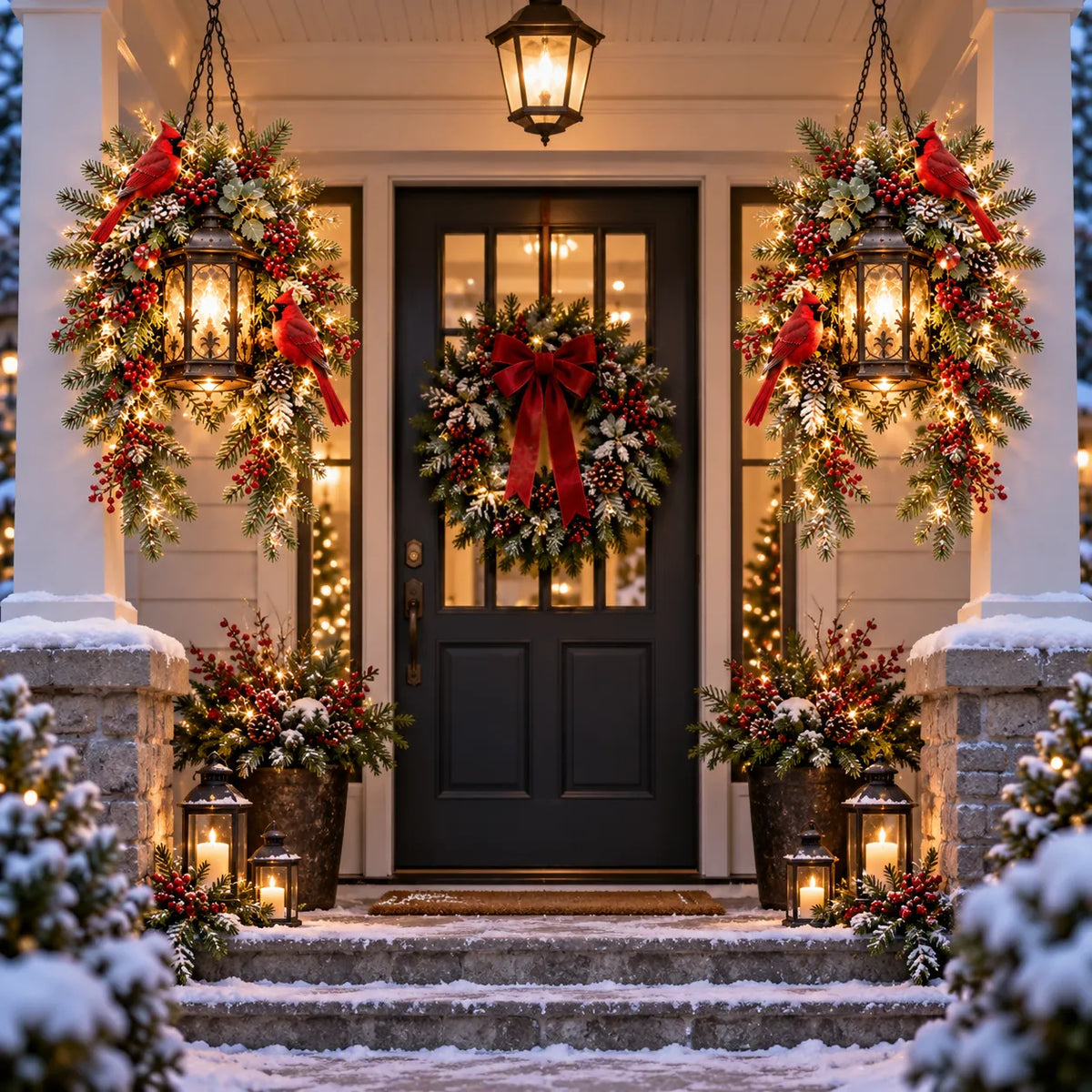 🎄 Christmas Porch Glow– Pre-Lit Holiday Lantern & Evergreen Decor | 3 Festive Styles