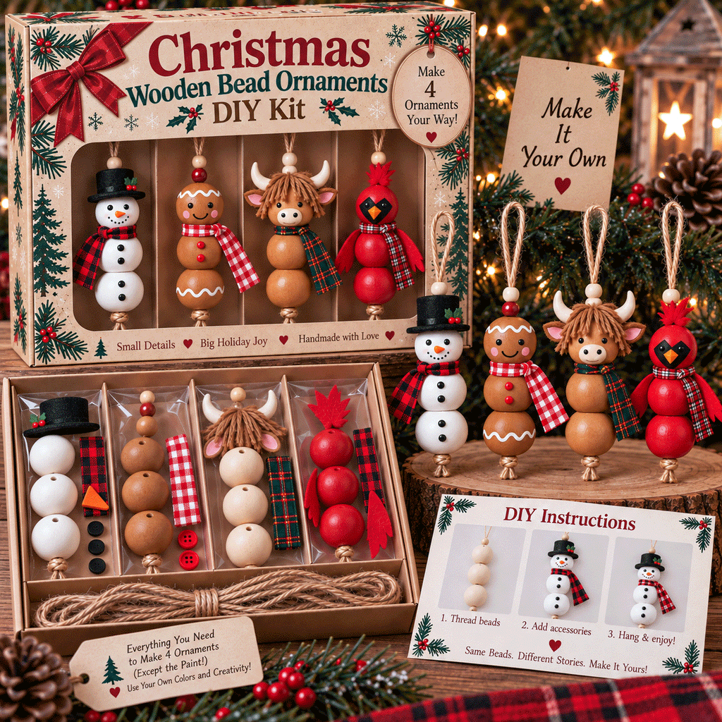 🎄 Christmas Wooden Bead Ornament DIY Kit – Set of 4