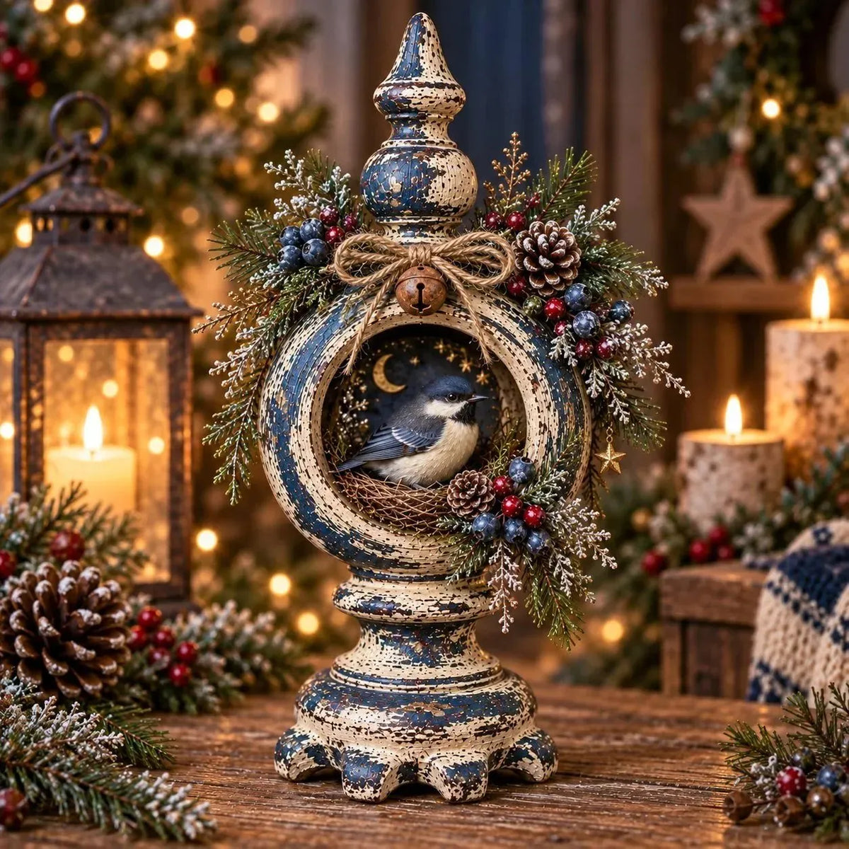 ⏳ Last Day 49% OFF – 🐦 Vintage Christmas Bird Nest Decor | 7 Winter Bird Styles with Rustic Pedestal, Greenery & Bell Details 🎄