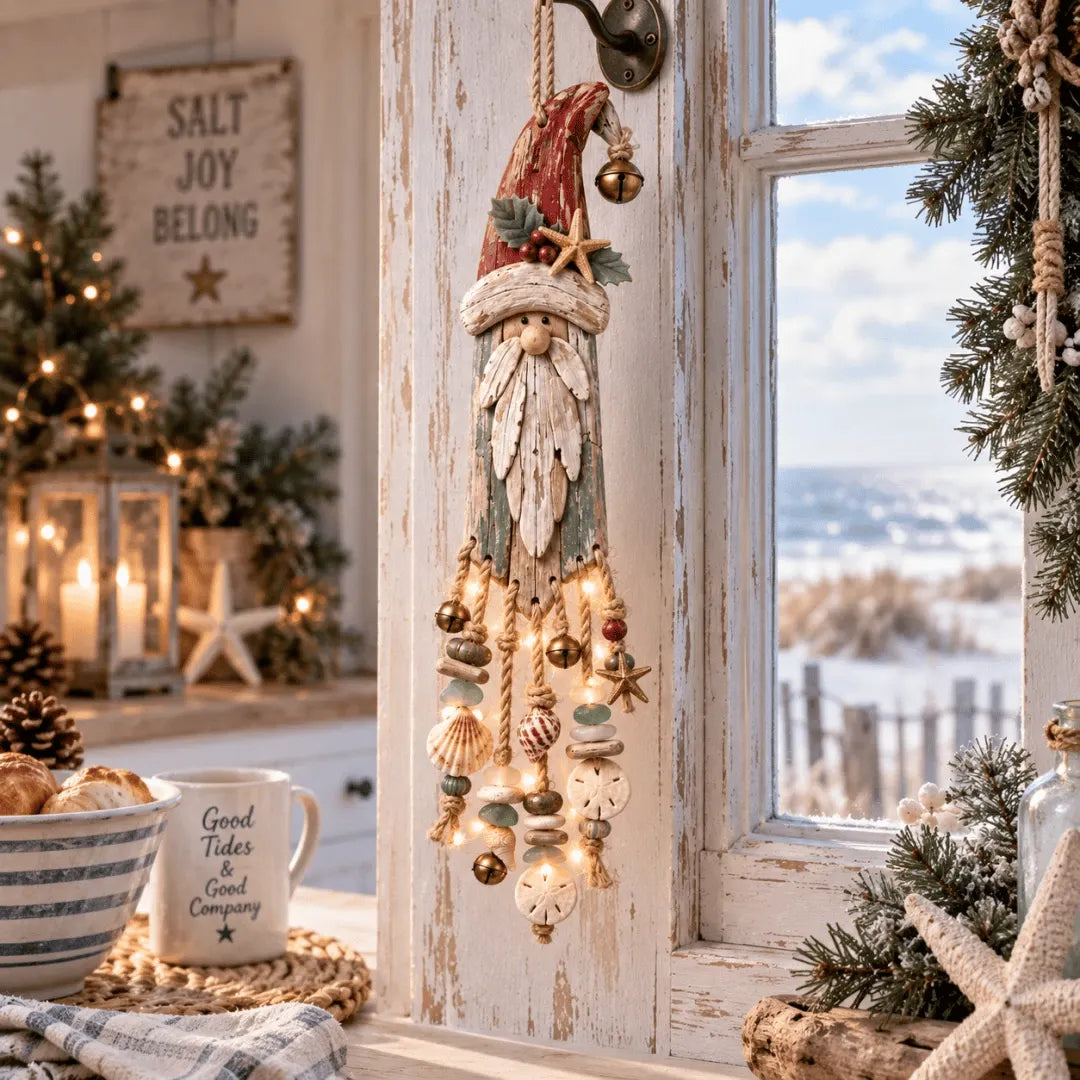 🔔🎄Vintage Coastal Santa Lighted Wall Decor – Beach House Christmas Hanging with Starfish, Shells & Warm Glow🌙