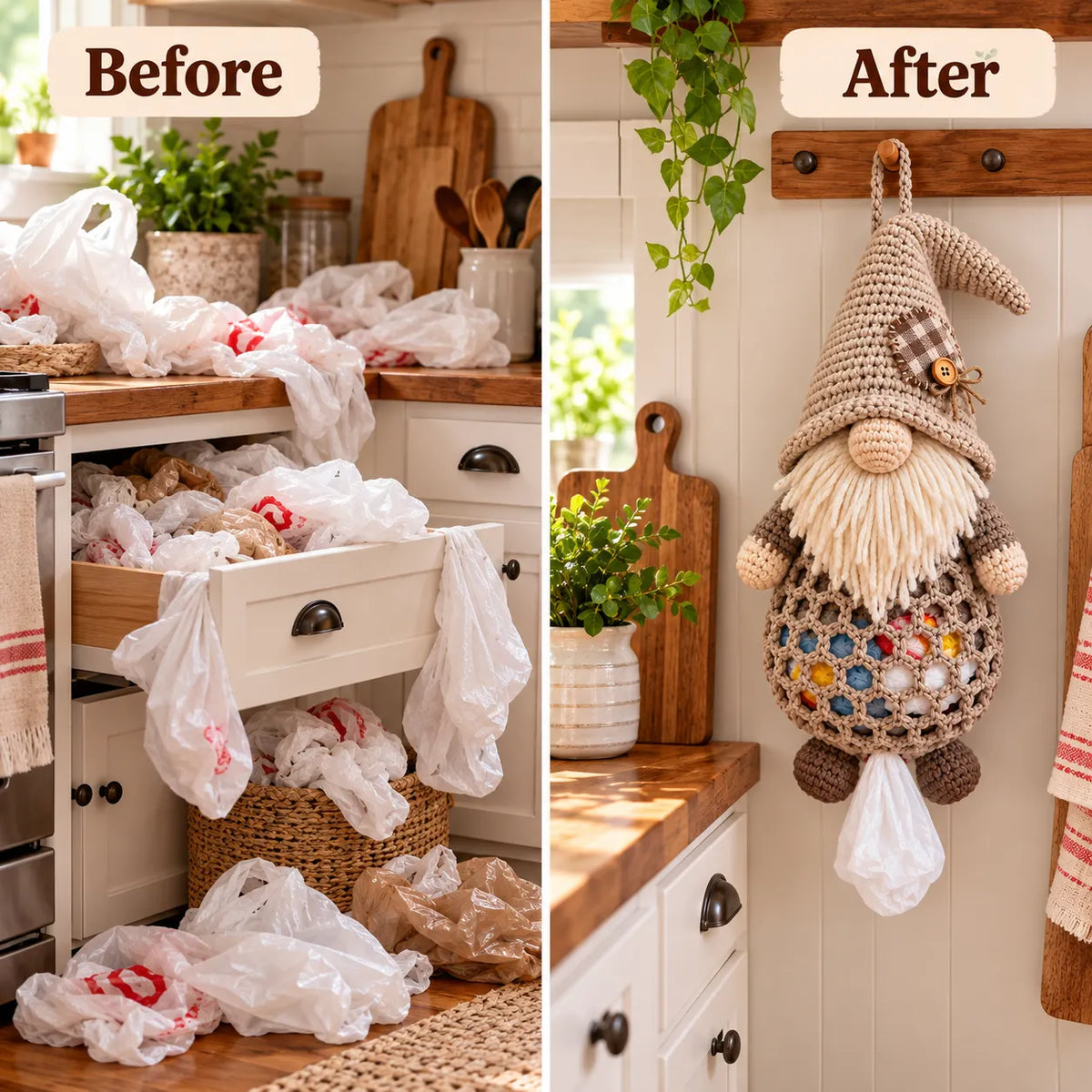 🔥 BUY 3 GET 1 FREE 🔥- 🧶 Gnome Kitchen Keepers | Crochet Bag Holder Collection 🌿