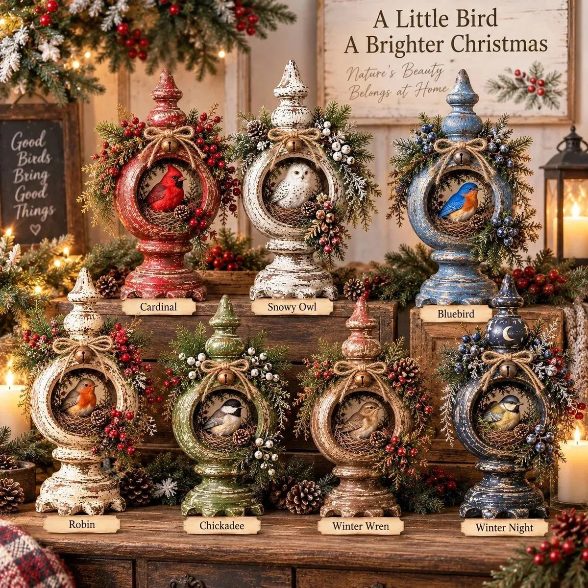 ⏳ Last Day 49% OFF – 🐦 Vintage Christmas Bird Nest Decor | 7 Winter Bird Styles with Rustic Pedestal, Greenery & Bell Details 🎄