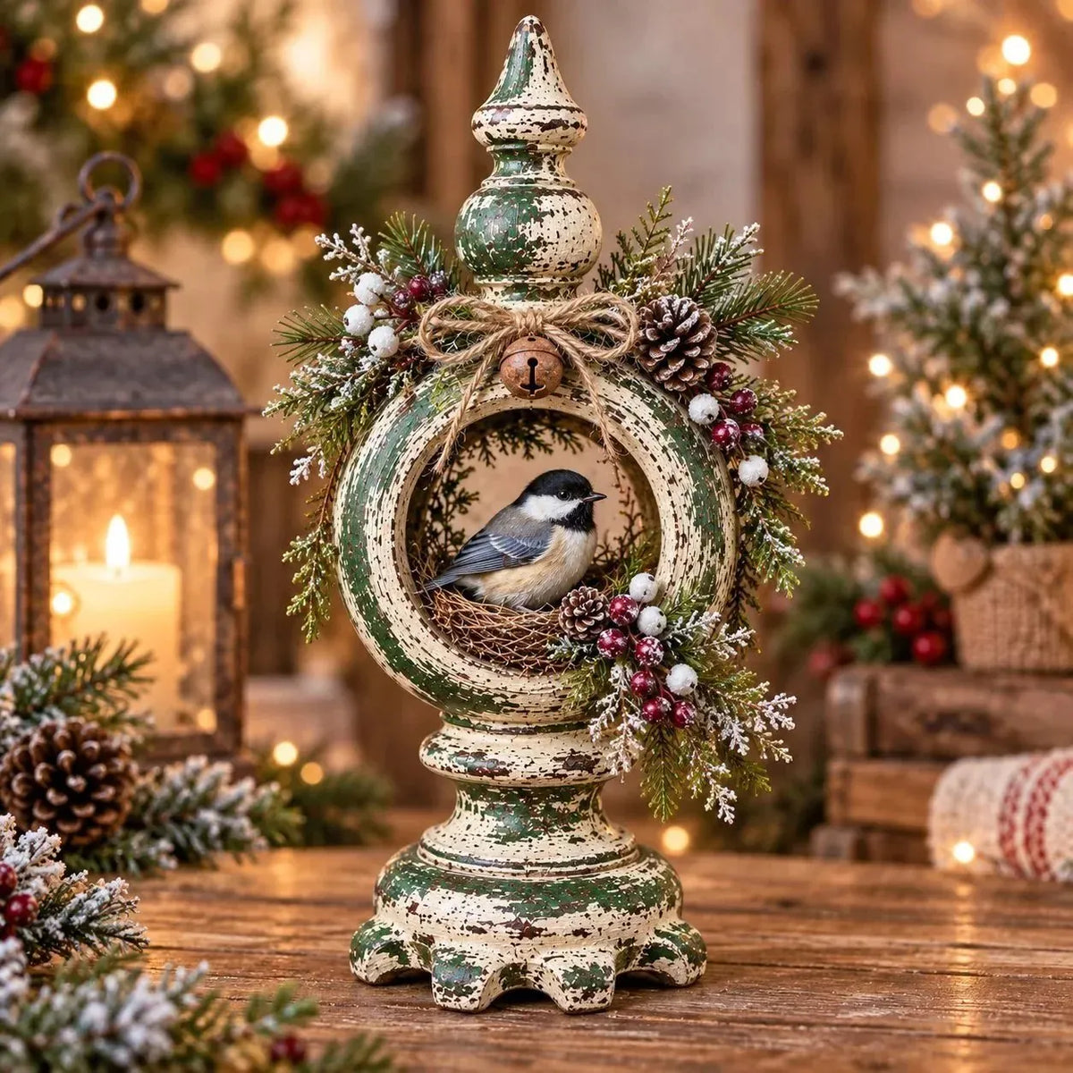 ⏳ Last Day 49% OFF – 🐦 Vintage Christmas Bird Nest Decor | 7 Winter Bird Styles with Rustic Pedestal, Greenery & Bell Details 🎄