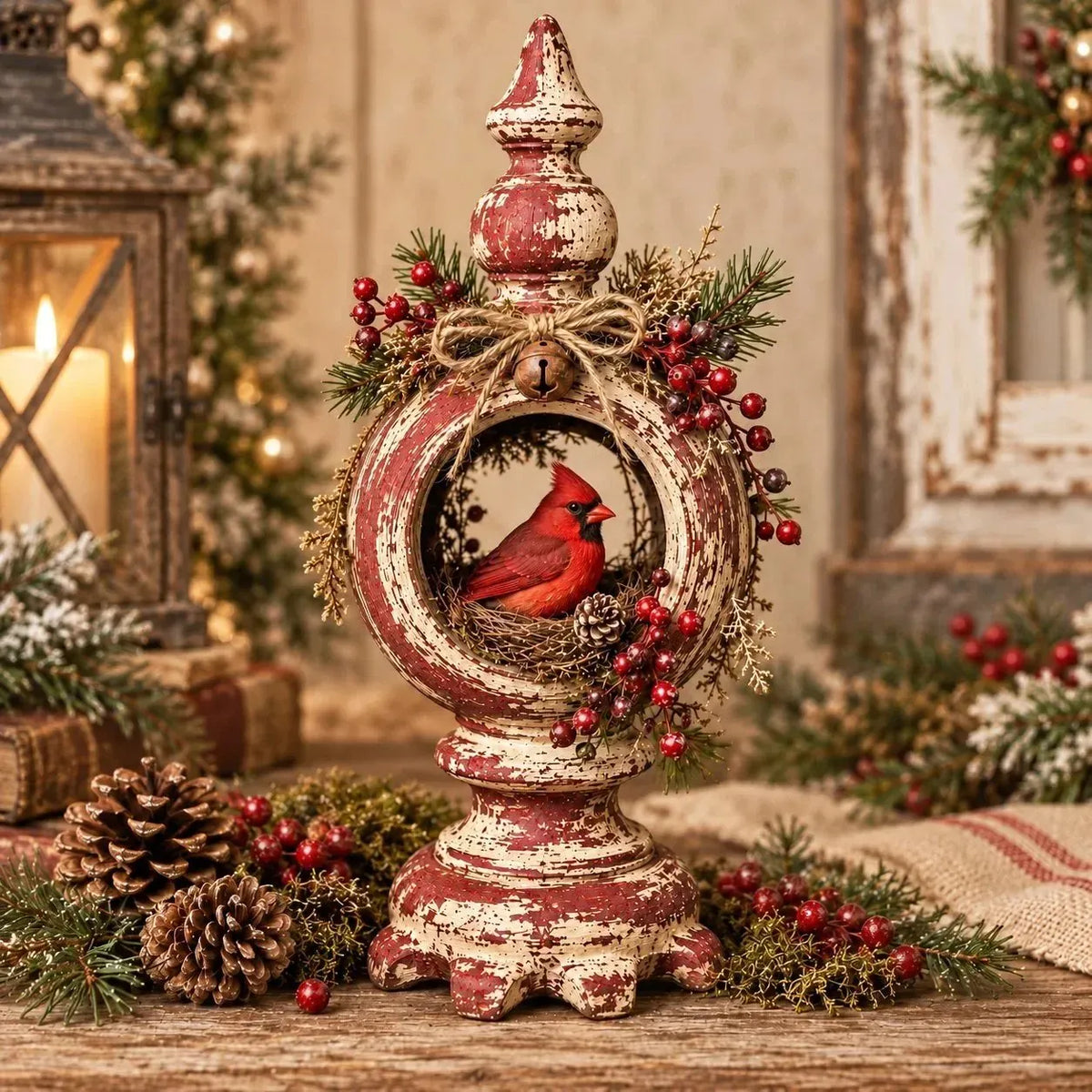 ⏳ Last Day 49% OFF – 🐦 Vintage Christmas Bird Nest Decor | 7 Winter Bird Styles with Rustic Pedestal, Greenery & Bell Details 🎄