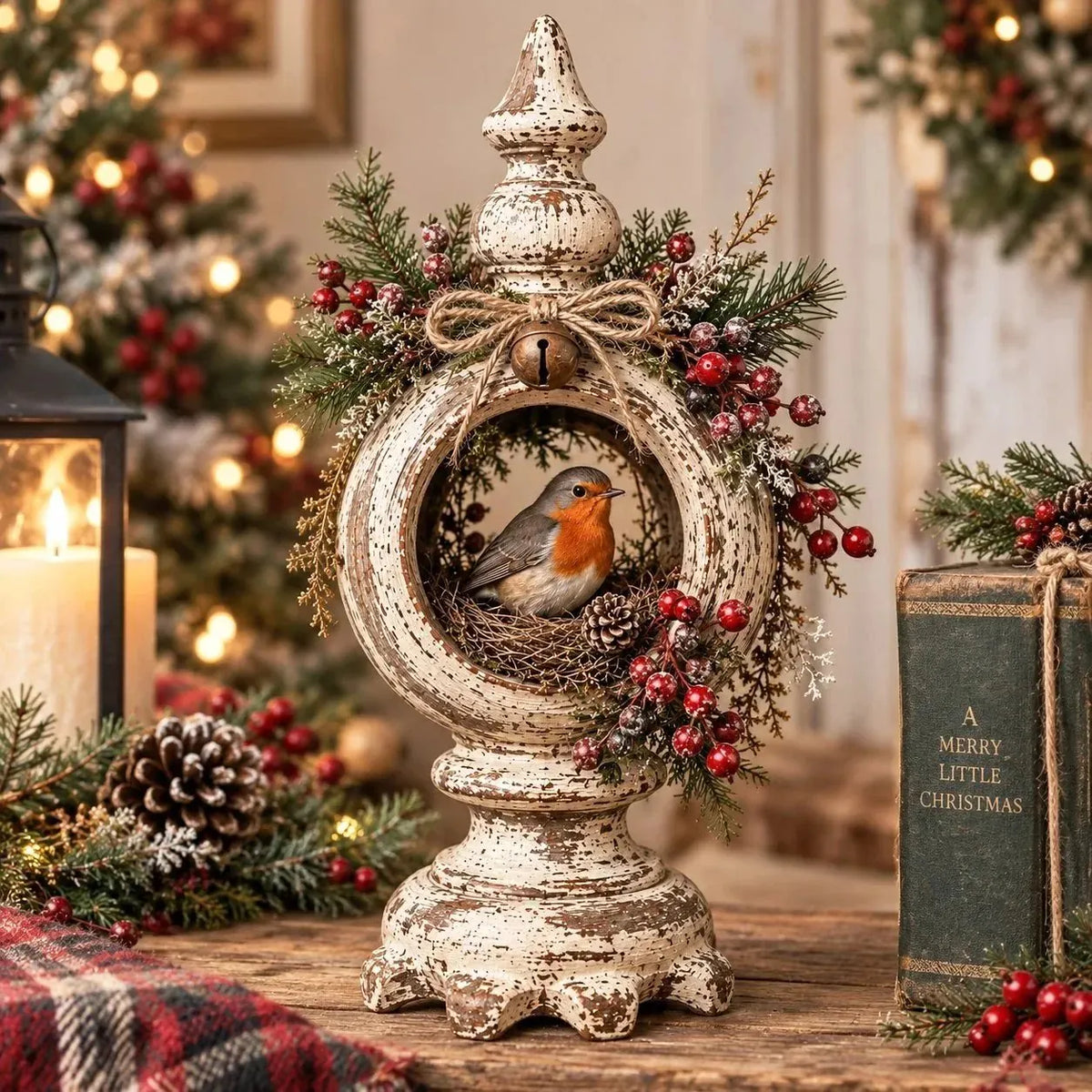 ⏳ Last Day 49% OFF – 🐦 Vintage Christmas Bird Nest Decor | 7 Winter Bird Styles with Rustic Pedestal, Greenery & Bell Details 🎄
