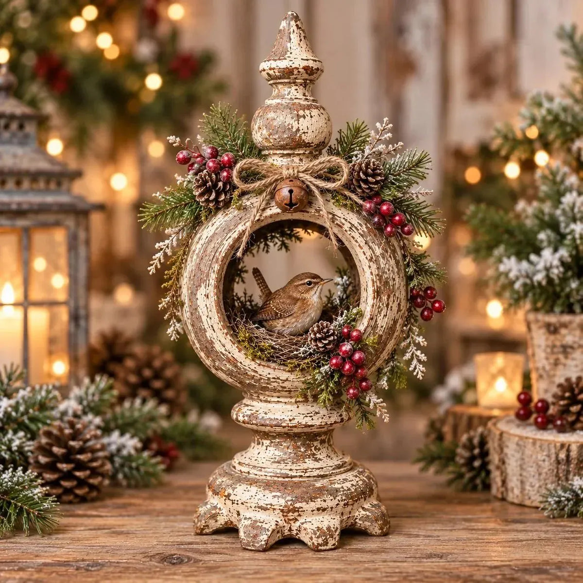 ⏳ Last Day 49% OFF – 🐦 Vintage Christmas Bird Nest Decor | 7 Winter Bird Styles with Rustic Pedestal, Greenery & Bell Details 🎄
